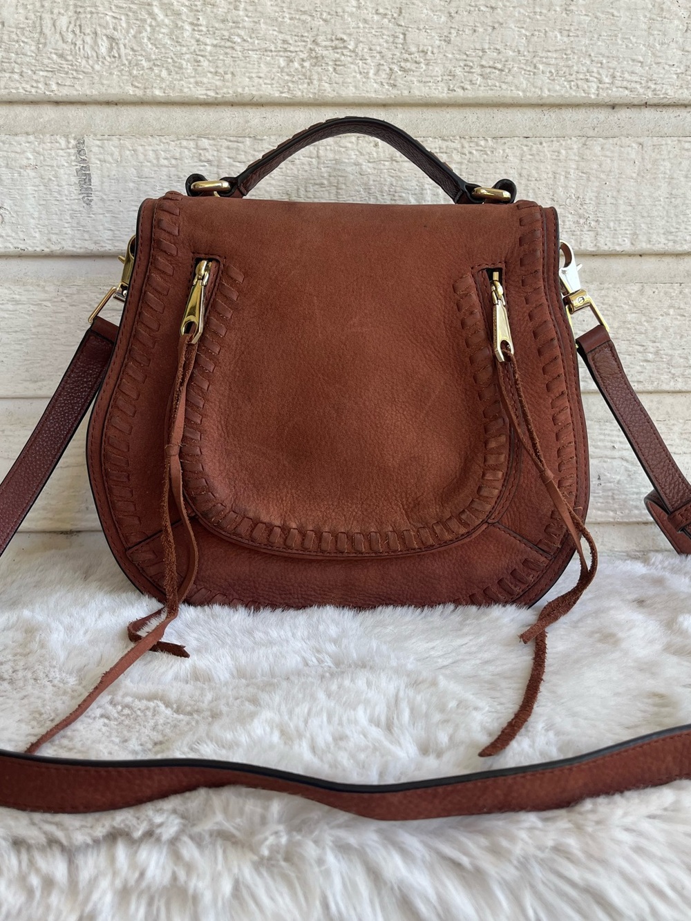 REBECCA MINKOFF Brown Suede Vanity Flap Saddle Bag Crossbody